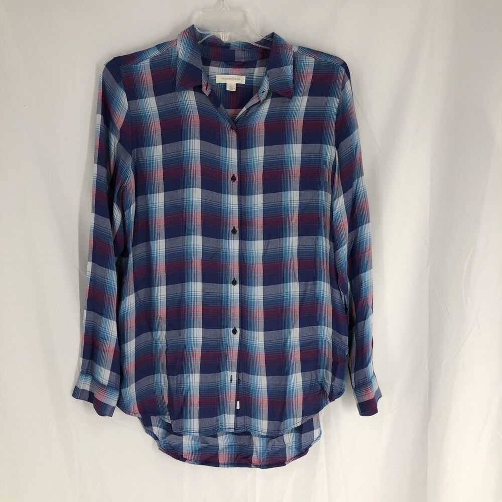 Treasure and Bond Top Plaid Blue/Purple Blouse Shirt Size Large